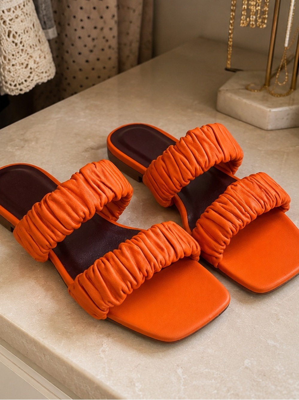 STAUD Maya Orange Ruched Leather Slides European Summer Resort Chic Size 6